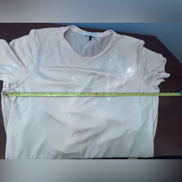 Halston Heritage  pastel peach multi media hi low drape back tunic size L - Picture 7 of 8